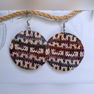 Hand Knitted Circle Earrings Purple Brown Premium Hand Dyed Yarn